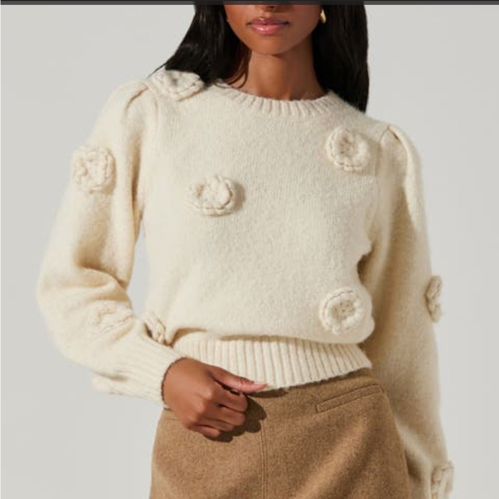 Astr The Label Wilessa Cream Sweater Textured Floral Appliqué Size Medium NWT